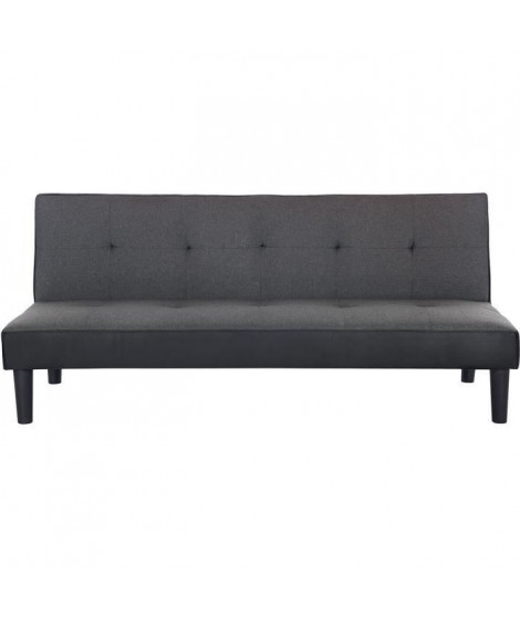 IVY Banquette clic clac 3 places capitonné - Tissu gris clair et simili noir - L 180 x P 84 x H 74 cm