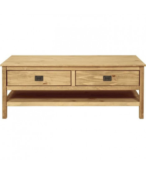 Table basse rectangulaire - En bois pin massif - Marron - 2 tiroirs + 1 étagere - L 140 x P 60 x H 54 cm - ESTEBAN
