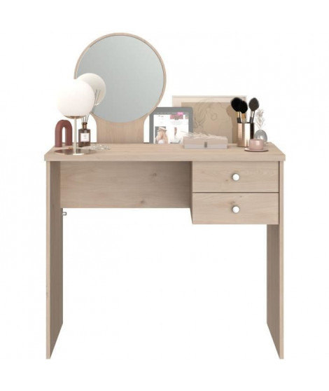 PARISOT Coiffeuse 2 tiroirs - Décor chene + miroir rond - L 91,7 x P 47,6 x H 124,7 cm - GABY