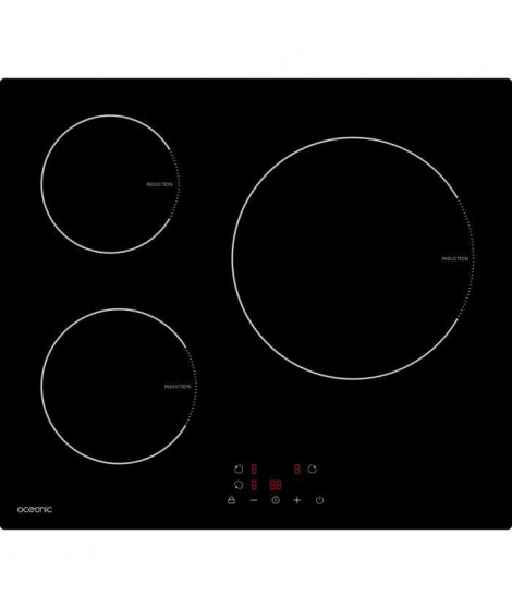 OCEANIC OCEATI3Z7 - Table de cuisson induction - 3 zones - 5500 W - L 60 x P 52 cm - Revetement verre - Noir