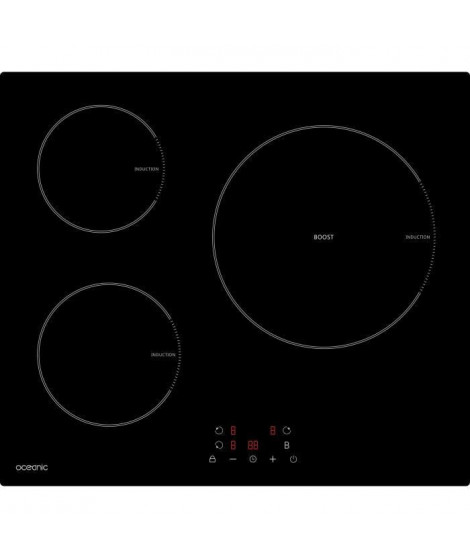 OCEANIC OCEATI3Z1BC - Table de cuisson induction - 3 zones - 6200 W - L 60 x P 52 cm - Revetement verre - Noir