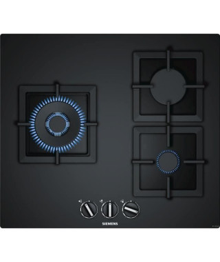 SIEMENS EP6A6CB20 Table de cuisson gaz - 3 foyers - 8000W max - L59 x P52cm - Revetement verre - Coloris noir