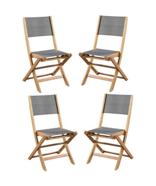 Lot de 4 chaises de jardin en bois d'acacia FSC et assise textilene - 50 x 57 x 90 cm - Gris
