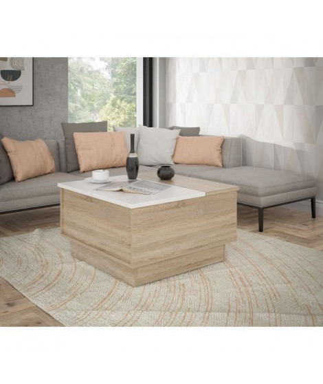 Table basse - Décor chene sonoma et blanc mat - 2 abattants avec rangement - L 80 x P 80 x H 45 cm - JOWITA