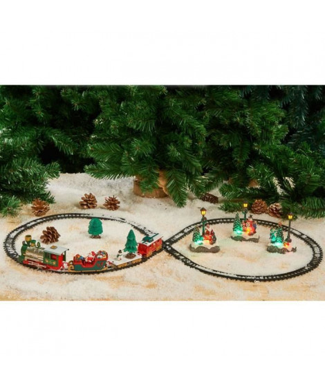 Train électrique de Noël musical et LED - 1 train / 3 wagons / 1 sapin déco et 15 rails