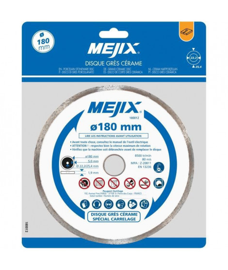 MEJIX Disque gres cérame 180 mm, BR 25,4 / 22,2 mm
