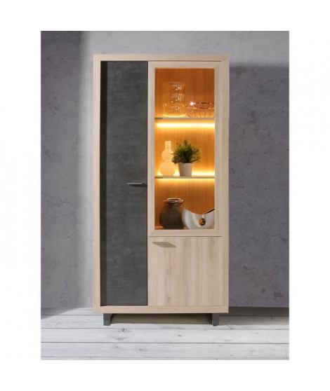 Vitrine 1 porte vitrée 2 portes + éclairage inclus - Décor béton foncé et chene clair - L 99,9 x P 41,3 x H 206,6 cm - SUPRIE