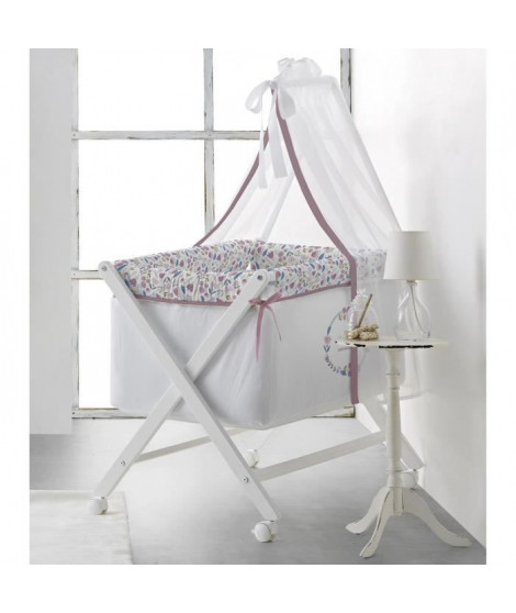 TANUKI - Berceau complet en bois DULCES SUEÑOS - Matelas + Sommier + Couette + Ciel de lit + Literie - 4 Roues - Rose