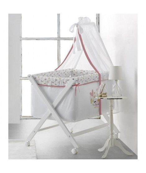 TANUKI - Berceau complet en bois SWEET UNICORN - Matelas + Sommier + Couette + Ciel de lit + Literie - 4 Roues - Rose