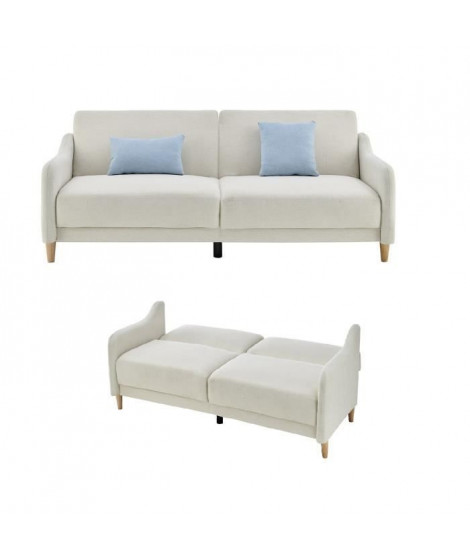 Banquette convertible 3 places - Velours Beige avec coussins bleu - L 196 x P 91 x H 81 cm - ANGELES