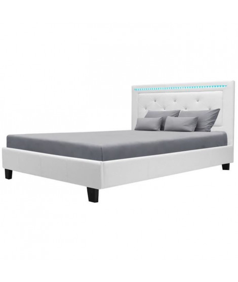 EDOUARD Lit adulte contemporain avec systeme d'éclairage LED - Simili Blanc - Sommier inclus - 140 x 190 cm