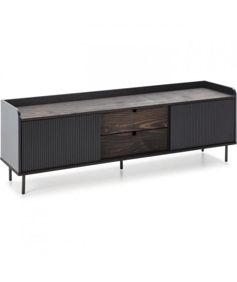 Meuble TV HORIZON portes coulissantes 2 tiroirs- Noyer et métal Noir- scandinave moderne - L160XP40XH52cm