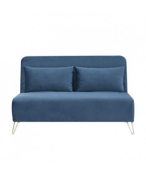 Banquette convertible 2 places - Velours Bleu pieds doré - Style scandinave - L 130 x P 90 x H 81 cm - DEPLO