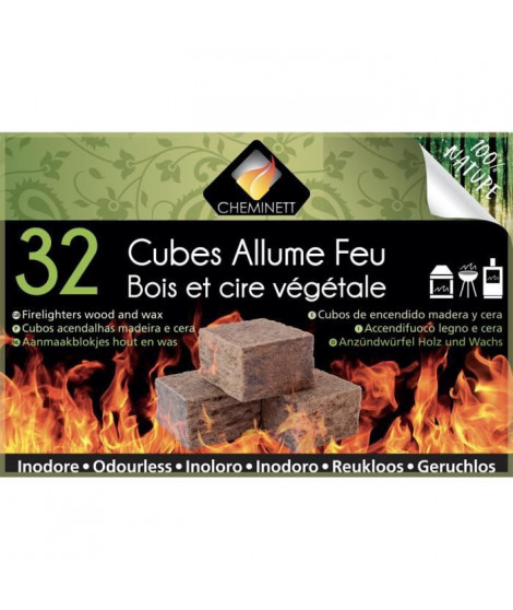 CHEMINETT Allume feu cubes Bois et cire 100% d'origine végétale FSC - 32 cubes - plaque prédécoupée