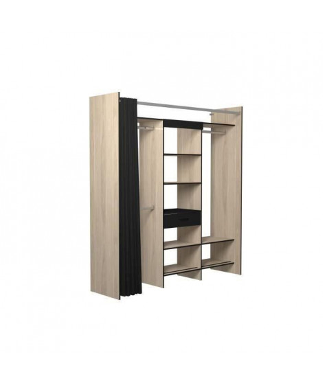 Dressing Armoire VICTOR - 6 étageres + 1 tiroir + penderie + rideau - Chene dakota et noir - L 184 x P 50 x H 203 cm - EKIPA