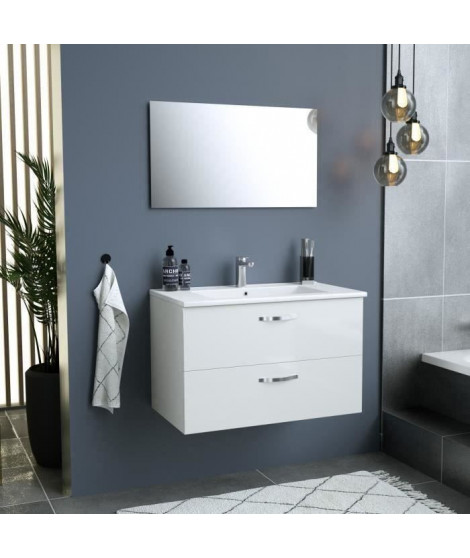 Meuble salle de bain + Vasque + Miroir - 2 tiroirs - Blanc - L 80 cm - FUNNY