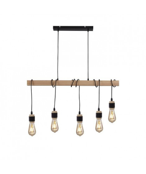 DETROIT Suspension industrielle 5 tetes en bois - 7 x 90 x H150 - Noir - Ampoules décoratives E27 40W fournies