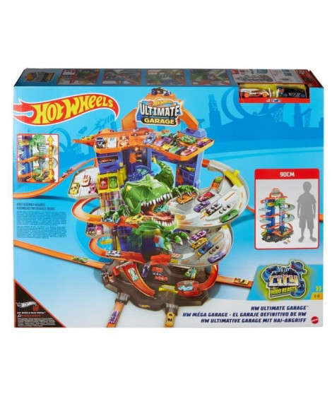 Hot Wheels - City Super Dino Robot Garage - 90 cm de haut 100 places de parking - 2 véhicules inclus - Des 5 ans