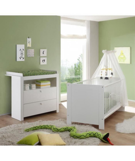 OLIVIA Ensemble lit bébé 70x140 cm et commode avec plan a langer mélaminé blanc