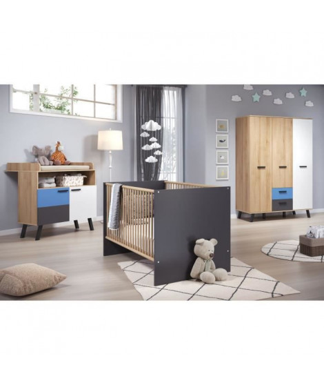 Chambre bébé trio MATS COLOR personnalisable - Lit 70x140 cm + Commode 2 portes + Armoire - Décor anthracite et blanc mat - T…