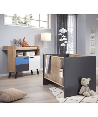 Chambre bébé duo MATS COLOR personnalisable - Lit 70x140 cm + Commode a langer 2 portes - Décor anthracite et blanc mat - TRE…