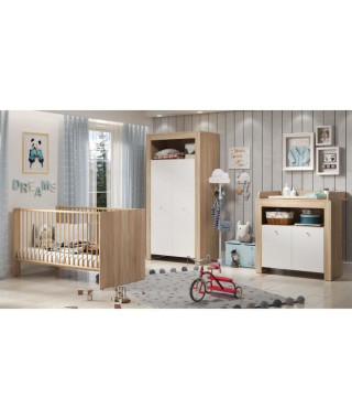 Chambre bébé trio PIA - Lit 70x140 cm + Commode a langer 2 portes + Armoire 2 portes - Décor chene sonoma et blanc mat - TREN…