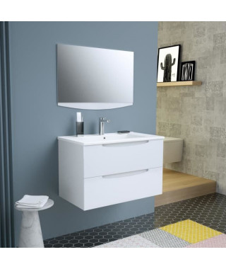 SMILE Salle de bain simple vasque avec miroir L 80 cm - 2 tiroirs a fermeture ralenties - Blanc laqué