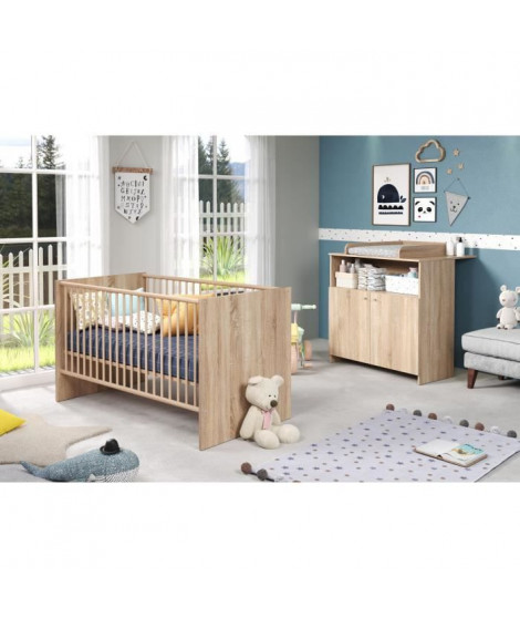 Chambre bébé duo NIKO - Lit 70x140 cm + Commode a langer 2 portes - Décor chene naturel - TRENDTEAM