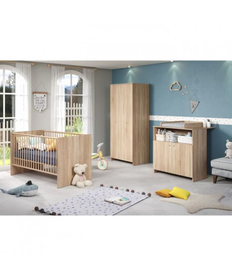 Chambre bébé trio NIKO - Lit 70x140 cm + Commode a langer 2 portes + Armoire 2 portes - Décor chene naturel - TRENDTEAM