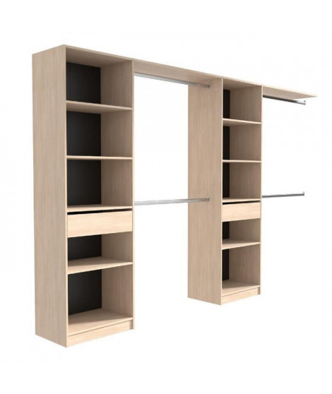 EKIPA Dressing extensible - 2 colonnes avec 2 tiroirs et 10 étageres + 4 penderies - Décor chene - L 320 x P 40 x H 200 cm - DUO