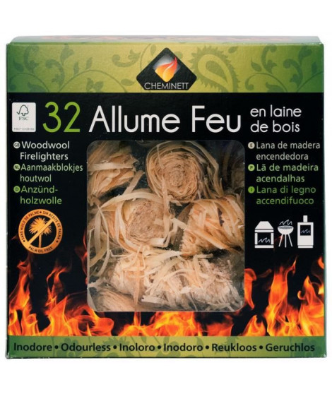CHEMINETT Allume feu - pelotes rouleaux laine de bois 100% végétale FSC - Lot de 32