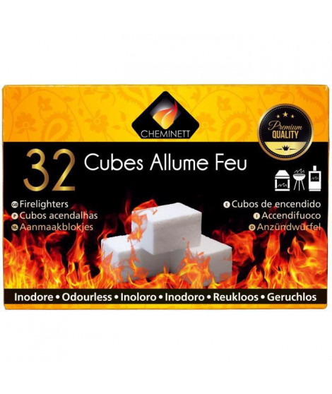 CHEMINETT Allume feu cubes blancs paraffine sans odeur désagréable - 32 cubes blancs - plaque prédécoupée