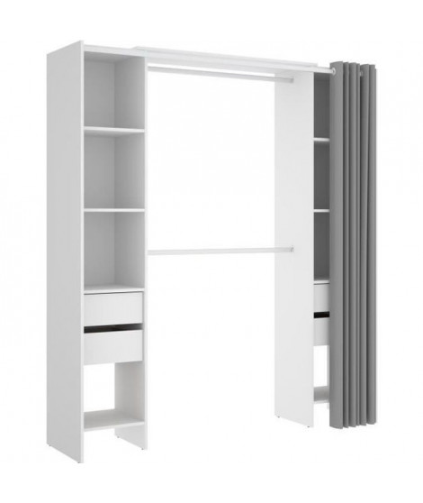 Dressing extensible avec rideau + 4 tiroirs - Décor Blanc - L 180-113 x P 50 x H 205 cm - SUIT