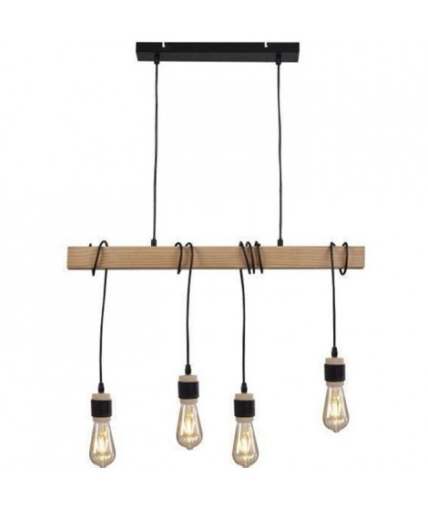 DETROIT Suspension industrielle 4 tetes en bois - 7 x 70 x H150 - Noir - Ampoules décoratives E27 40W fournies