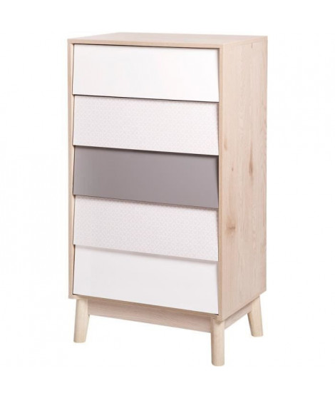 NEW SOFIA Chiffonnier - 5 tiroirs - Panneaux de particules - Chene Blanc Gris Motifs - Scandinave - L 60 x P 40 x H 110 cm