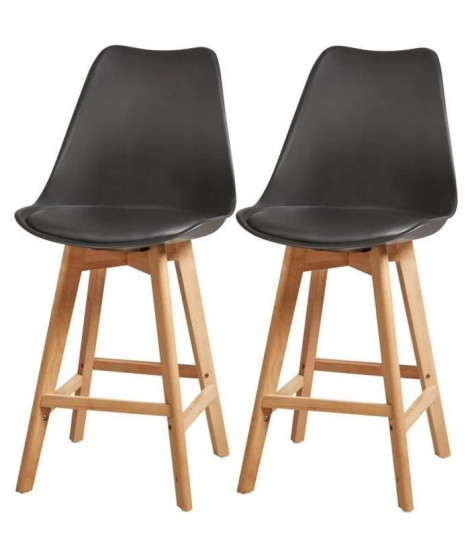 BJORN Lot de 2 tabourets de comptoir pieds en bois hetre massif - Revetement simili PU noir - Scandinave - Assise H 65cm