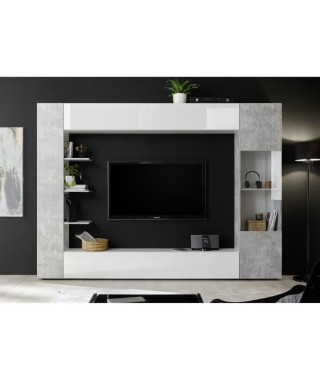 SIENNA Composition murale TV - Laqué blanc et béton - L295 x P30 x H187 cm