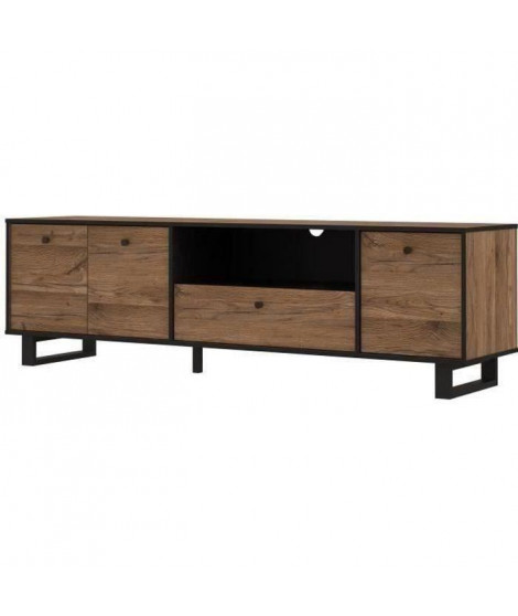 Meuble TV 3 portes 1 tiroir - Décor chene et noir - L 180,8 x P 42 x H 52,8 cm - SEWILL