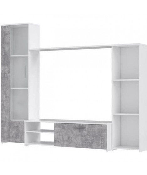 PILVI  Meuble TV - Blanc mat et béton gris clair - L 220,4 x P41,3 x H177,5 cm