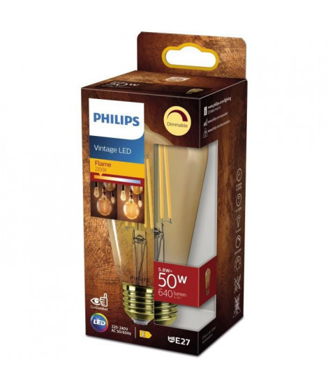 PHILIPS Ampoule LED Edison Vintage Filament E27 - 50W Claire Ambrée - Compatible Variateur - Verre