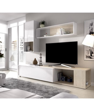 Meuble TV extensible - Décor chene naturel et blanc - L 230 x P 41 x H 180 cm - OBI