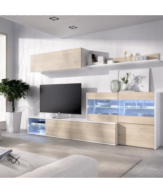 Ensemble meuble séjour living avec vitrine LED - Décor chene et blanc -  - L 260 x P 41 x H 180 cm - UMA