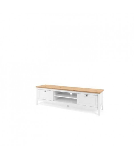 Meuble TV 2 tiroirs - Décor chene artisan et blanc - L 160 x P 45 x H 40 cm - BERGEN