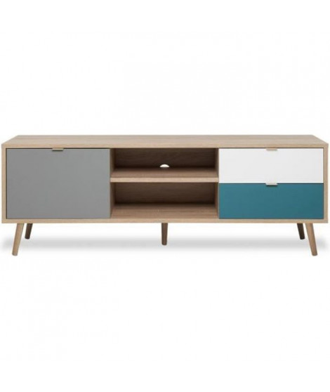 CUBA Meuble TV scandinave décor chene, gris, blanc et bleu pétrole - L 150 cm