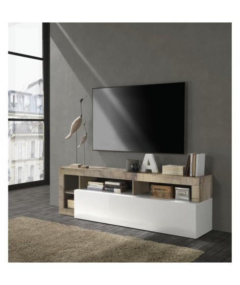 Meuble TV 1 porte - Finition Blanc Laqué et Effet Bois Vintage - L 184 x P 42 x H 56 cm - MAESTRO