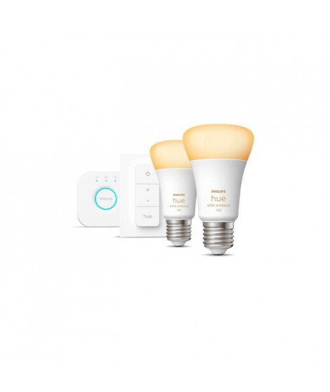 Kit démarrage ampoule LED connectée PHILIPS Hue White - 10,5W - Lot 2 E27 - Télécommande Hue