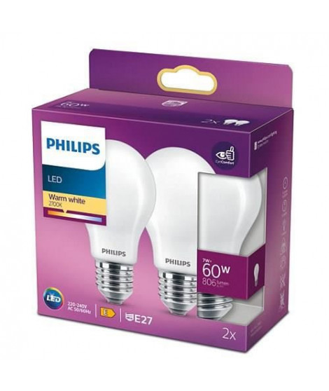 PHILIPS LED Classic 60W Standard E27 Blanc Chaud Non Dimmable Lot de 2