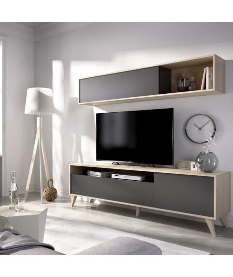 Meuble TV avec étagére murale - Décor chene et graphite - L 180 x P 41 x H 180 cm - BONN