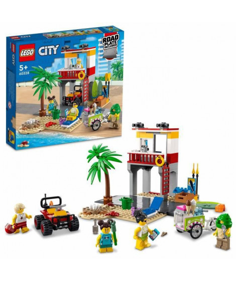 LEGO 60328 City Le Poste De Secours sur La Plage, Jouet de Construction, Quad et Plaque Route, Cadeau pour Enfants +5 Ans