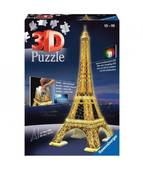 Puzzle 3D Tour Eiffel illuminée - Ravensburger - Monument 216 pieces - sans colle - avec LEDS couleur - Des 10 ans